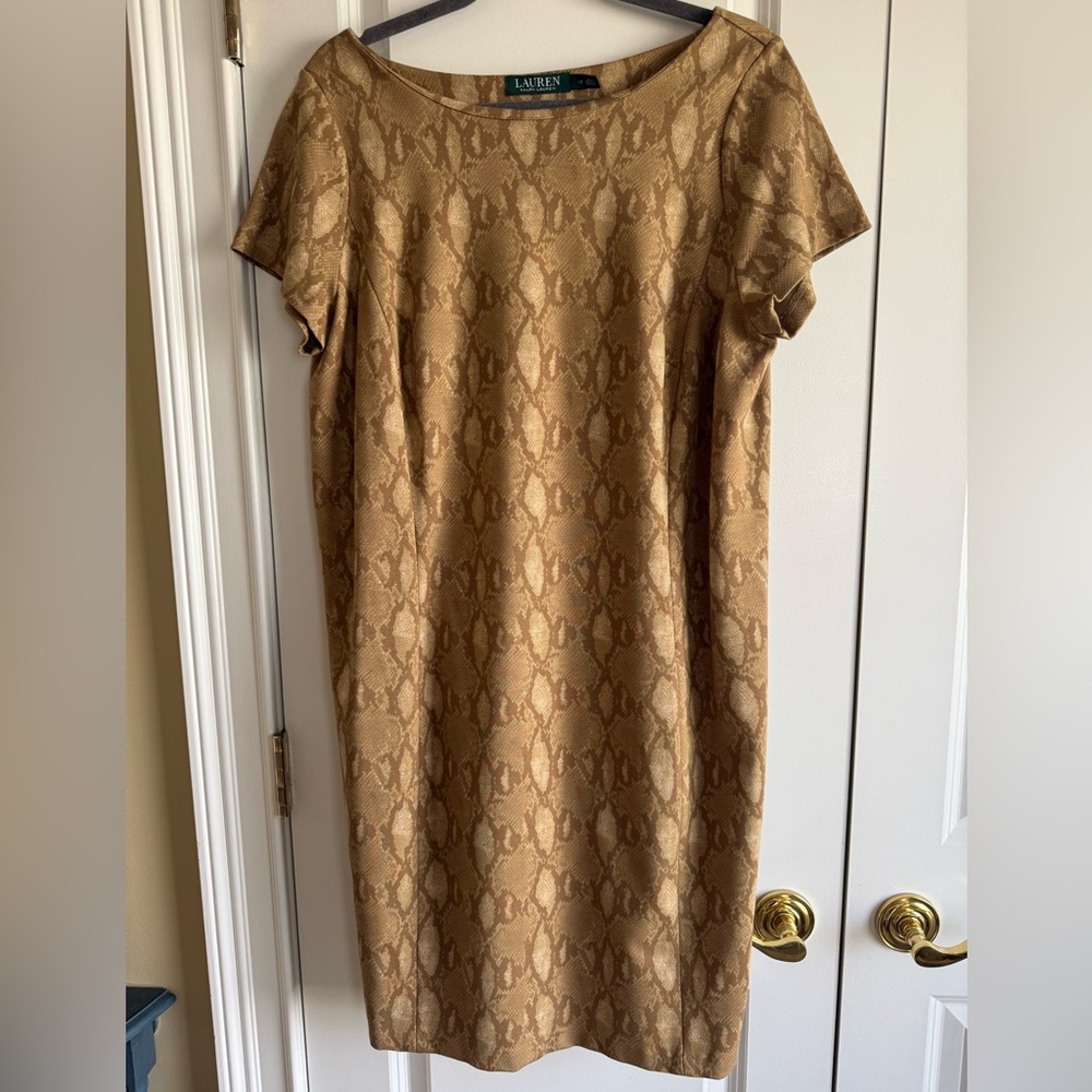 Flattering LAUREN Ralph Lauren Tan Snake Print A-line Day Dress, size 1X, EUC!